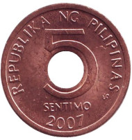Монета 5 сентимо. 2007 год, Филиппины.