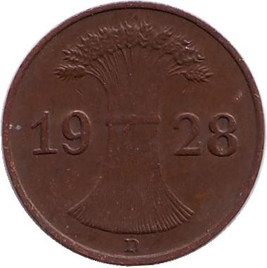 Монета 1 рейхспфенниг. 1928 год (D), Веймарская республика.