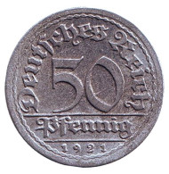 Монета 50 пфеннигов. 1921 год (F), Веймарская республика. Монета 50 пфеннигов. 1921 год (F), Веймарская республика.