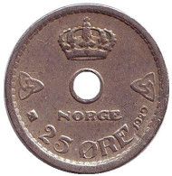 Монета 25 эре. 1929 год, Норвегия.
