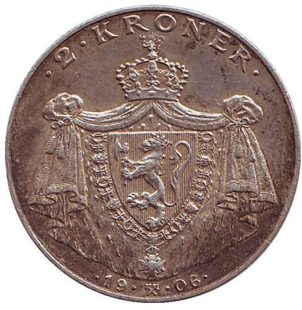 Монета 2 кроны. 1906 год, Норвегия. Первая годовщина независимости Норвегии.