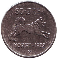 Монета 50 эре. 1972 год, Норвегия. Собака. Монета 50 эре. 1972 год, Норвегия. Собака.