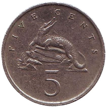 Монета 5 центов. 1989 год, Ямайка. Острорылый крокодил.