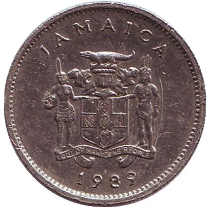 Монета 5 центов. 1989 год, Ямайка. Острорылый крокодил. Монета 5 центов. 1989 год, Ямайка. Острорылый крокодил.