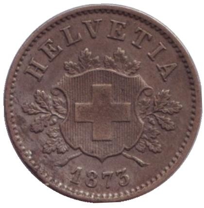 Монета 10 раппенов. 1873 год, Швейцария. Монета 10 раппенов. 1873 год, Швейцария.