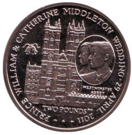 Монета 2 фунта. 2011 год, Остров Вознесения. Свадьба принца Уильяма и Кэтрин Миддлтон. Монета 2 фунта. 2011 год, Остров Вознесения. Свадьба принца Уильяма и Кэтрин Миддлтон.