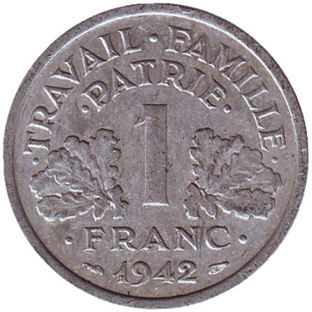 Монета 1 франк. 1942 год, Франция. Travail Famille Patrie.