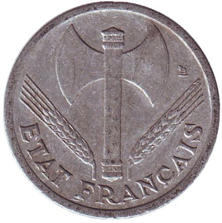 Монета 1 франк. 1942 год, Франция. Travail Famille Patrie. Монета 1 франк. 1942 год, Франция. Travail Famille Patrie.