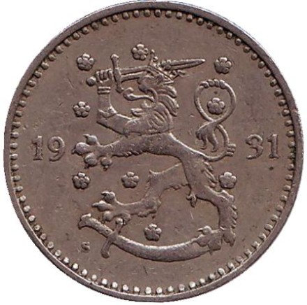 Монета 1 марка. 1931 год, Финляндия.  