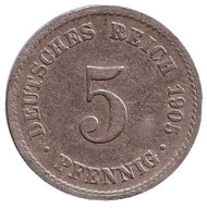 Монета 5 пфеннигов. 1905 год (А), Германская империя. Монета 5 пфеннигов. 1905 год (А), Германская империя.