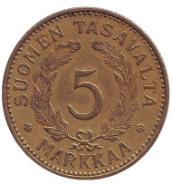 Монета 5 марок. 1938 год, Финляндия. Монета 5 марок. 1938 год, Финляндия.