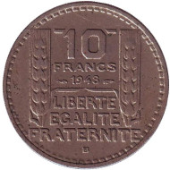 Монета 10 франков. 1948-B год, Франция.  Монета 10 франков. 1948-B год, Франция.