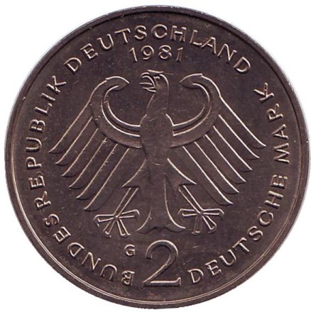 Монета 2 марки. 1981 год (G), ФРГ. Курт Шумахер. Монета 2 марки. 1981 год (G), ФРГ. Курт Шумахер.