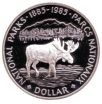 Монета 1 доллар. 1985 год, Канада. Proof. Лось. 100 лет Национальным паркам.