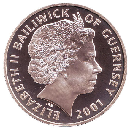 Монета 5 фунтов. 2001 год, Гернси. 75 лет со дня рождения Королевы Елизаветы II. Серебро.