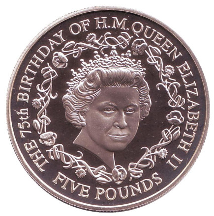 Монета 5 фунтов. 2001 год, Гернси. Proof. 75 лет со дня рождения Королевы Елизаветы II.