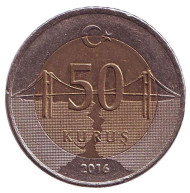 Монета 50 курушей. 2016 год, Турция. Монета 50 курушей. 2016 год, Турция.