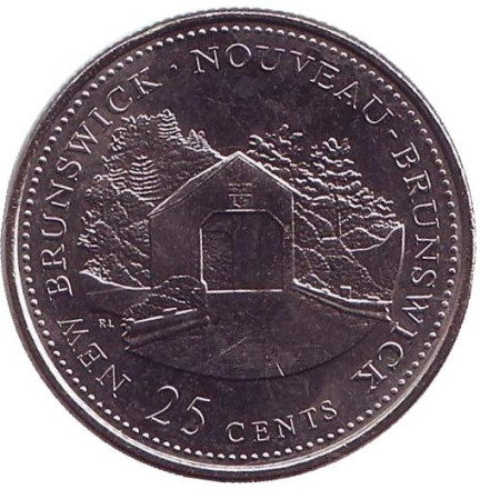Монета 25 центов. 1992 год, Канада. Новый Бронсвик. 125 лет Конфедерации Канады.