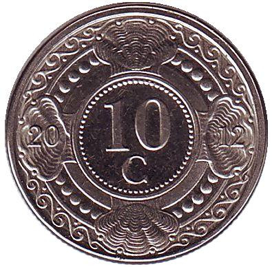 Монета 10 центов, 2012 год, Нидерландские Антильские острова. Цветок апельсинового дерева.