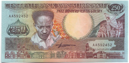 Банкнота 250 гульденов. 1988 год, Суринам.