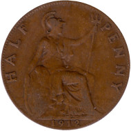 Монета 1/2 пенни. 1912 год, Великобритания. Монета 1/2 пенни. 1912 год, Великобритания.