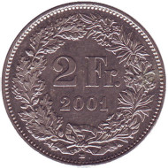 Монета 2 франка (B). 2001 год, Швейцария. Гельвеция. Монета 2 франка (B). 2001 год, Швейцария. Гельвеция.