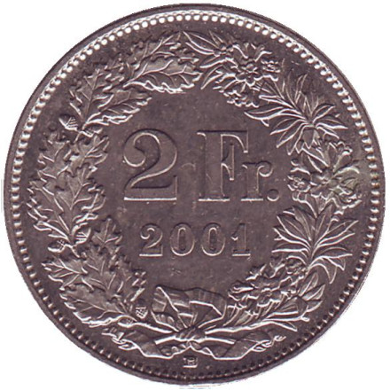 Монета 2 франка (B). 2001 год, Швейцария. Гельвеция.