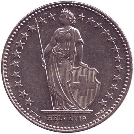 Монета 2 франка (B). 2001 год, Швейцария. Гельвеция.