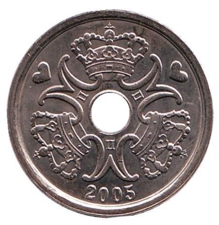 Монета 1 крона. 2005 год, Дания. Монета 1 крона. 2005 год, Дания.