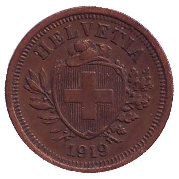 Монета 1 раппен. 1919 год, Швейцария. Монета 1 раппен. 1919 год, Швейцария.