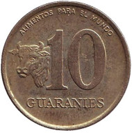 Монета 10 гуарани. 1990 год, Парагвай. Из обращения. Бык. Монета 10 гуарани. 1990 год, Парагвай. Из обращения. Бык.