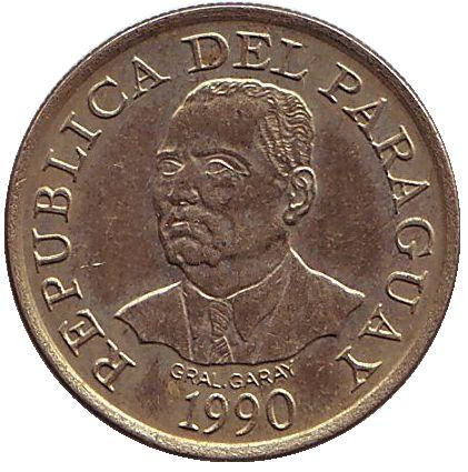 Монета 10 гуарани. 1990 год, Парагвай. Из обращения. Бык. Монета 10 гуарани. 1990 год, Парагвай. Из обращения. Бык.
