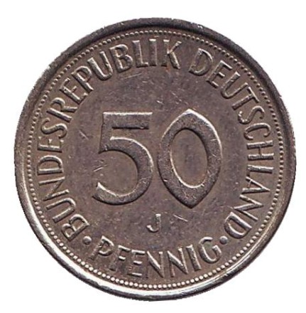 Монета 50 пфеннигов. 1981 (J) год, ФРГ. Женщина, сажающая дуб.