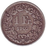 Гельвеция. Монета 1 франк. 1907 год, Швейцария.