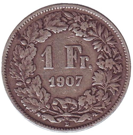 Монета 1 франк. 1907 год, Швейцария. Гельвеция.
