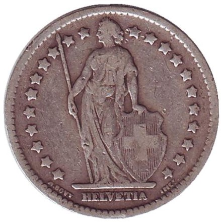 Монета 1 франк. 1907 год, Швейцария. Гельвеция. Монета 1 франк. 1907 год, Швейцария. Гельвеция.