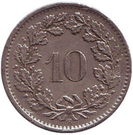 Монета 10 раппенов. 1968 год, Швейцария. Монета 10 раппенов. 1968 год, Швейцария.