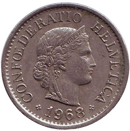 Монета 10 раппенов. 1968 год, Швейцария. Монета 10 раппенов. 1968 год, Швейцария.