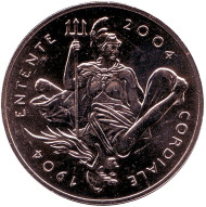Монета 5 фунтов. 2004 год, Великобритания. 100 лет Англо-французскому «сердечному соглашению». Монета 5 фунтов. 2004 год, Великобритания. 100 лет Англо-французскому «сердечному соглашению».