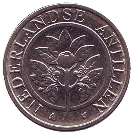 Монета 25 центов. 2012 год, Нидерландские Антильские острова. Цветок апельсинового дерева. Монета 25 центов. 2012 год, Нидерландские Антильские острова. Цветок апельсинового дерева.