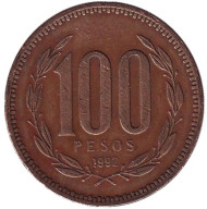 Монета 100 песо. 1992 год, Чили. Монета 100 песо. 1992 год, Чили.