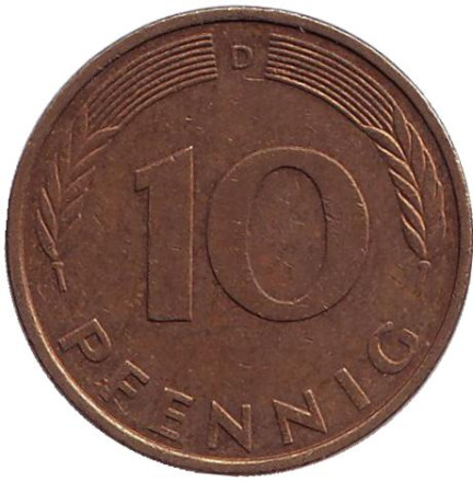 Монета 10 пфеннигов. 1994 год (D), ФРГ. Дубовые листья.