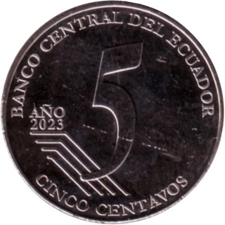 Монета 5 сентаво. 2023 год, Эквадор. Исидро Айора. Монета 5 сентаво. 2023 год, Эквадор. Исидро Айора.