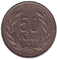Монета 50 песо. 2003 год, Колумбия. Монета 50 песо. 2003 год, Колумбия.