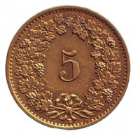 Монета 5 раппенов. 1918 год, Швейцария. (Латунь) Монета 5 раппенов. 1918 год, Швейцария. (Латунь)