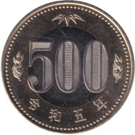 Монета 500 йен. 2023 год, Япония. Росток адамова дерева. (Павловния). Монета 500 йен. 2023 год, Япония. Росток адамова дерева. (Павловния).