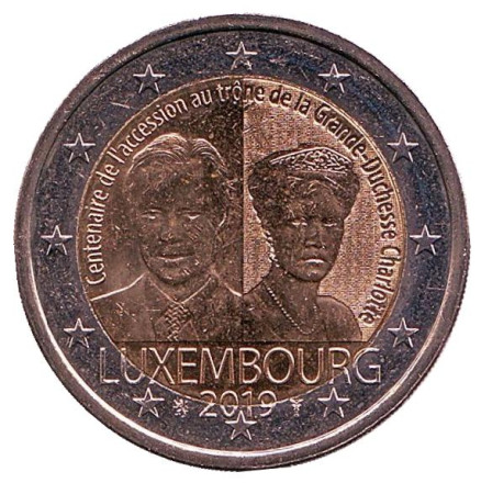 Монета 2 евро. 2019 год, Люксембург. 100 лет с дня вступления на трон Великой Герцогини Шарлотты.