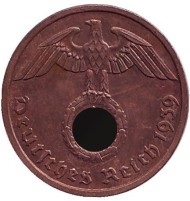 Монета 2 рейхспфеннига. 1939 год, Германия (Третий Рейх). (F). Монета 2 рейхспфеннига. 1939 год, Германия (Третий Рейх). (F).