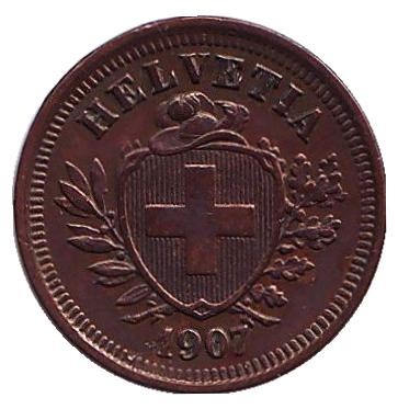 Монета 1 раппен. 1907 год, Швейцария.