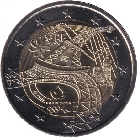 Монета 2 евро. 2024 год, Франция. XXXIII летние Олимпийские игры, Париж 2024. Эйфелева башня.